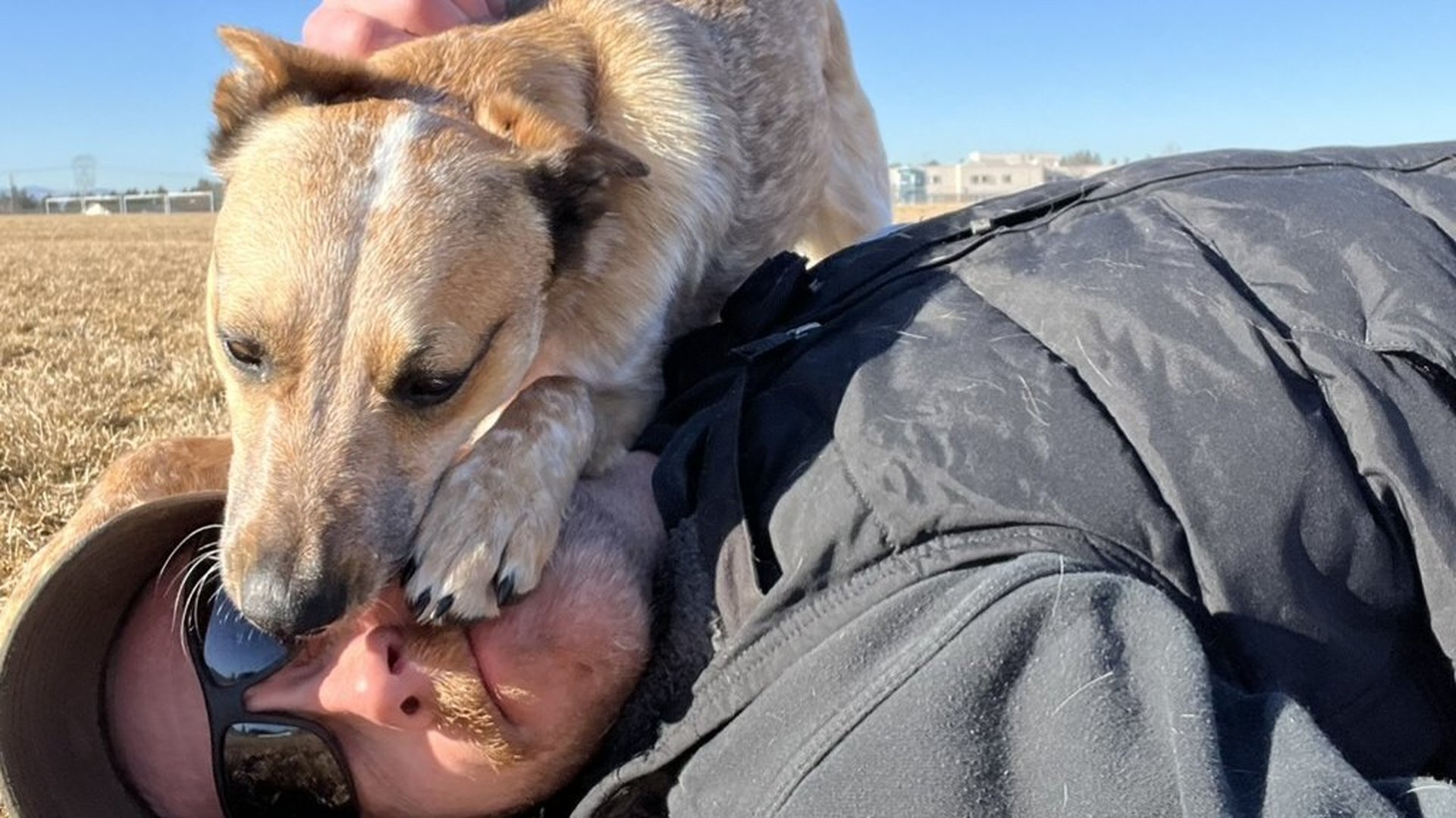 Mark lying in the grass with Sinopah close, a quiet moment of affection after play